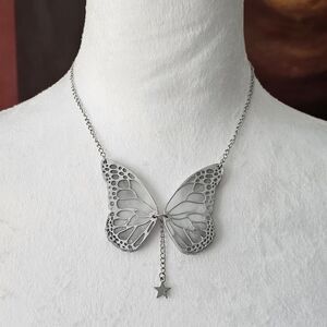 Handmade Monochrome Silver Butterfly Pendant, Celestial Fairy Statement Necklace